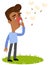 Vector illustration of a sick asian cartoon man having allergy to pollen, suffering from hay fever with tissue