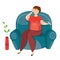 Vector illustration of sick man sitting in armchair with symptoms of cold, high fever. Flu infection. Coronavirus
