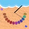 Vector illustration of a simple sundial by the sea. Wand and rainbow stones. Sand and waves.