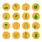 Vector illustration of sixteen yellow grunge icons with green images illustrating the concept of an eco-friendly city