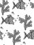 Vector illustration with sketch algae and fishes on white background. Marine seamless pattern with seaweeds, fishes