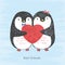 Vector illustration sketch loving penguins with scratched heart in their hands isolated on a blue grunge background.