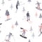 Vector illustration of skiers and snowboarders. Seamless pattern.