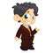 Vector illustration of small boy in man`s clothes. Cartoon of a young boy dressed up in a mans business suit presenting