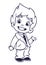 Vector illustration of small boy in man`s clothes outlines. Cartoon of a young boy
