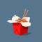 Vector illustration of small cardboard box full of takoyaki with chopsticks