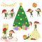 Vector illustration of small cute elves decorating Christmas tree set.