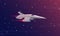 Vector illustration of small spaceship flying in outer space. Galaxy space forces.