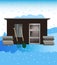 Vector illustration of small wooden garden shed or hut with pitchfork and shovel in the winter with a snowy beautiful landscape