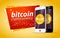 Vector illustration with smartphone having golden coin with bitcoin emblem on its screen on yellow background.