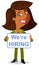 Vector illustration of a smiling african cartoon business woman holding sign that says `we`re hiring`