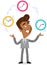 Vector illustration of a smiling asian cartoon businessman juggling with clocks