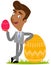 Vector illustration of a smiling asian cartoon businessman leaning against colorful easter egg