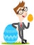 Vector illustration of a smiling caucasian cartoon businessman leaning against colorful easter egg