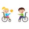 Vector illustration of smiling little boy and girl on wheelchair