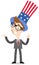 Vector illustration of smiling patriotic cartoon American businessman wearing stars and stripes hat celebrating July Fourth