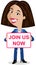Vector illustration of a smiling southeast asian cartoon business woman holding sign that says `join us now`