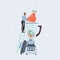Vector illustration of smiling tiny woman cooking smoothie in big giant blender on white backgound.