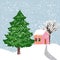 Vector illustration of a snow covered village with a large beautiful fir tree in the foreground