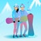 Vector illustration of a snowboarding couple.