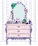 Vector illustration of society ladys boudoir with console mirror and a lot of womens accessories. Sketch chest of drawers