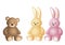 Vector illustration of soft toys: brown teddy bear, vanilla colored hare and pink hare