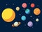 Vector illustration of Solar system. All planets Sun Mercury Venus Moon Earth Mars in the sky. Space, universe galaxy astronomy sc