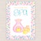 Vector illustration of spa party invitation with colorful mosaic frame with essential oil bottles and oil burner