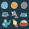 Vector illustration of space exploring pack. Sticker pack with planets, satelline, robot, radio station, solar battery, astronaut