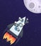 Vector illustration of a space rocket with tourists and cameras flying to the Moon.