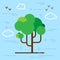 vector illustration of spring flat style tree with linear clouds