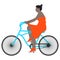 Vector illustration of a spring walk woman cyclist in a red dress and socks riding a blue bike, flat style