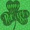 Vector illustration of St. Patrick`s Day clover emblem on a background of leaves. Green hand-drawn icon for the Irish holiday, fo