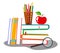 Vector illustration with a stack of books, a pencil holder, a magnifier and an apple.