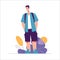 Vector illustration of standing man tourist traveler with backpack