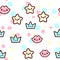 Vector illustration of the stars, lips and crowns with the funny faces seamless pattern. Trendy Kawaii emoticons for