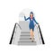 Vector Illustration of stewardess dressed in blue. flight attendant goes down the plane, smiles and waves his hand