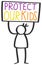 Vector illustration of stick figure holding up sign, protect our kids