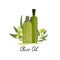 Vector illustration of sticker, label or emblem with 2 bottles of olive oil and olive branches and fruits. Packaging or