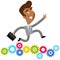 Vector illustration of a successful asian cartoon businessman jumping and running on cogs