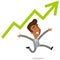 Vector illustration of a successful asian cartoon businessman jumping with upward pointing growing arrow