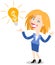 Vector illustration of a successful blonde cartoon business woman next to light bulb with dollar sign, having a great idea