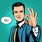 Vector illustration of successful businessman gives ok in vintage pop art comics style. Likes and positive feel. Gesture