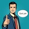 Vector illustration of successful businessman gives thumb up in vintage pop art comics retro style. Likes and positive