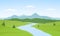 Vector illustration: Summer mountains landscape with river on foreground.