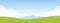 Vector illustration: Summer panoramic cartoon flat landscape with mountains, hills and green field.