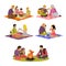 Vector illustration of summer recreation. Family picnic and camping in a park flat icons