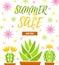 Vector illustration. Summer sale banner design with bright flowering cactuses and colorful stars.