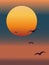 Vector illustration of the sun close-up during sunset and flying gulls