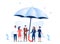 Vector illustration, support each other concept, people stand under umbrella under protection. People holding umbrella